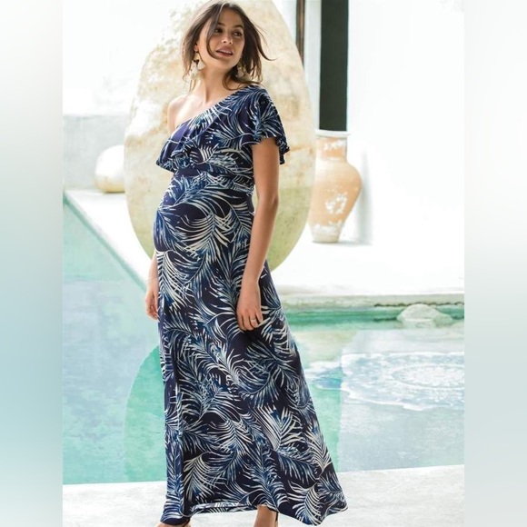 A Pea In The Pod One Shoulder Maxi Maternity Dress Jersey Stretch Tropical - Picture 1 of 7